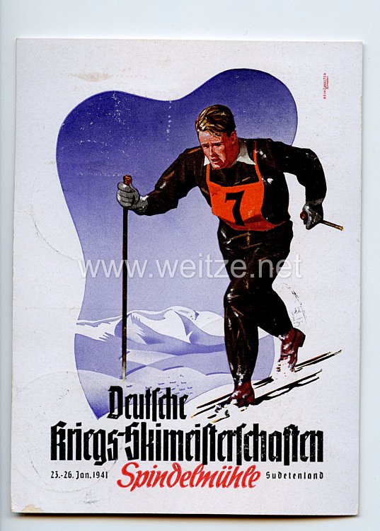 III. Reich - farbige Propaganda-Postkarte - " Deutsche Kriegs-Skimeisterschaften 23.-26. Jan. 1941 Spindelmühle Sudetenland "