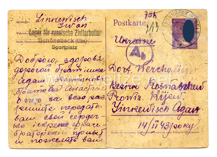 III. Reich - Postkarte eines Ukrainischen Ostarbeiter