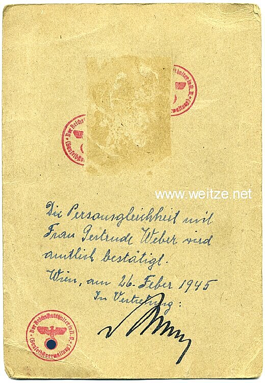 Behörde des Reichsstatthalters in Niederdonau ( Gauselbstverwaltung ) - Ausweis Bild 2