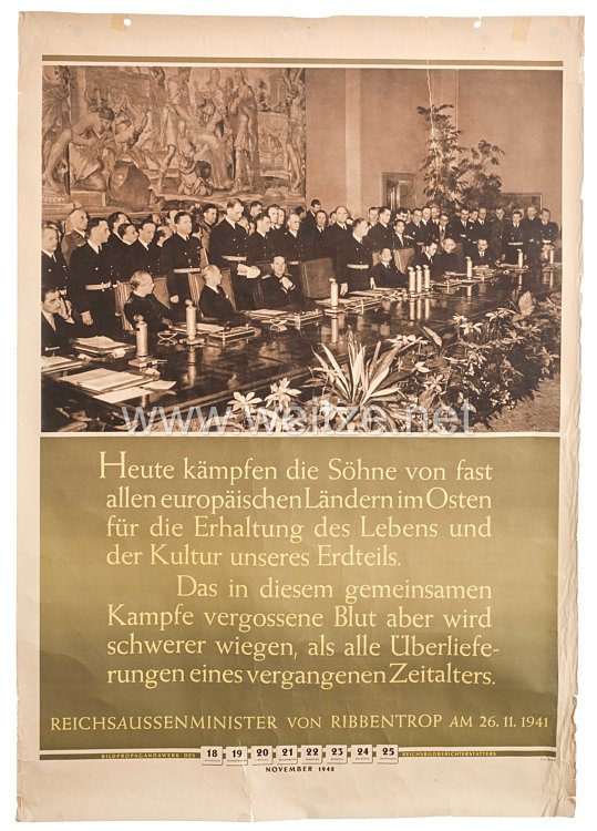 III. Reich - farbiges Propagandaplakat - " Heute kämpfen die Söhne von fast allen europäischen Ländern im Osten für die Erhaltung des Lebens und der Kultur unseres Erdteils. ..."