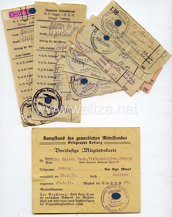 III. Reich - Kampfbund des gewerblichen Mittelstandes - Ortsgruppe Coburg - Vorläufige Mitgliedskarte