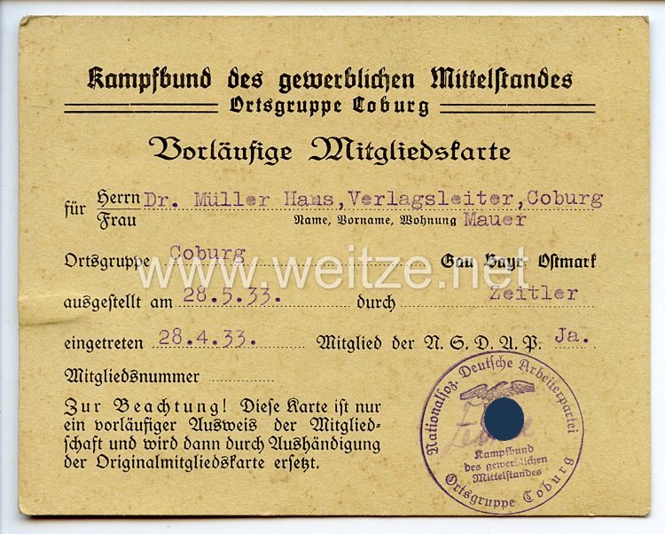 III. Reich - Kampfbund des gewerblichen Mittelstandes - Ortsgruppe Coburg - Vorläufige Mitgliedskarte Bild 2