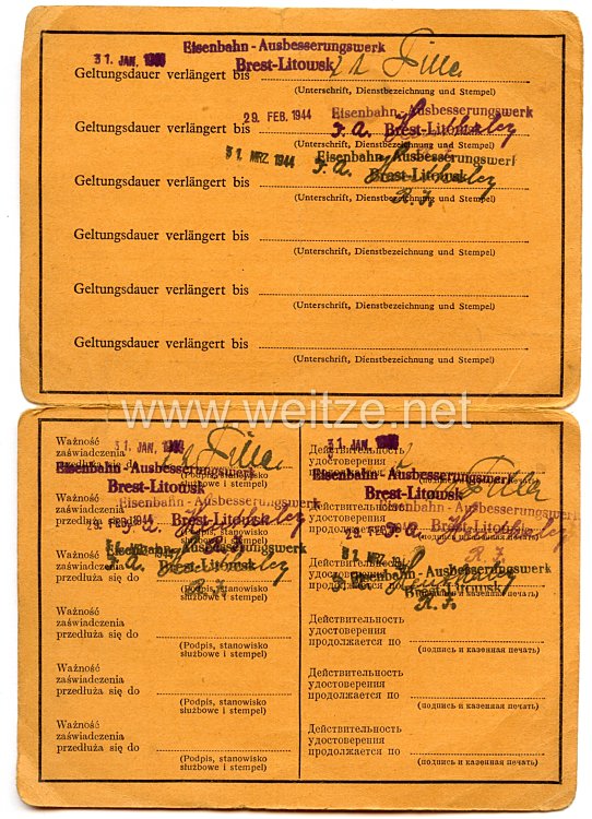 III. Reich / Weißrussland - Eisenbahndirektion-Ausbesserungswerk Brest-Litowsk - Ausweis für eine Frau des Jahrgangs 1912 in der Deutschen Reichsbahn Bild 2