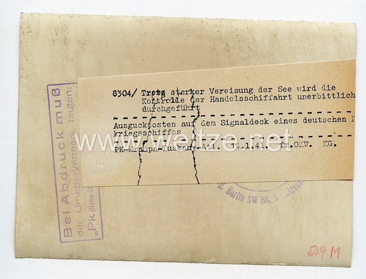 Kriegsmarine Pressefoto: Ausguckposten auf dem Signaldeck eines deutschen Kriegsschiffes 14.1.1941 Bild 2