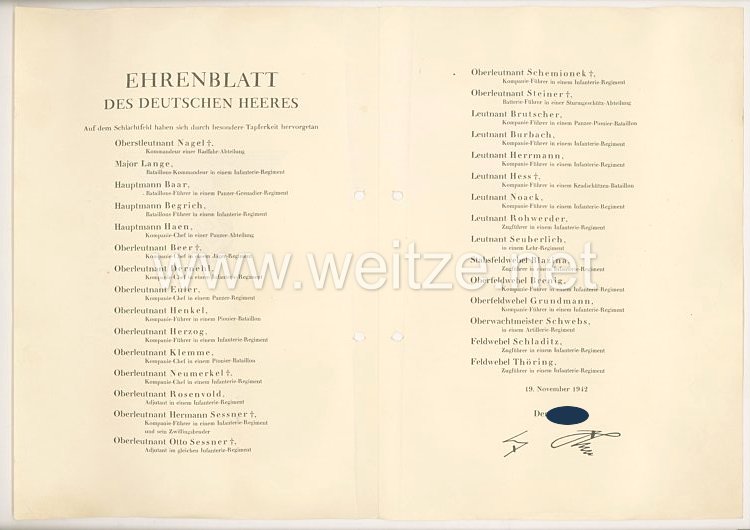 Ehrenblatt des deutschen Heeres - Ausgabe vom 19. November 1942