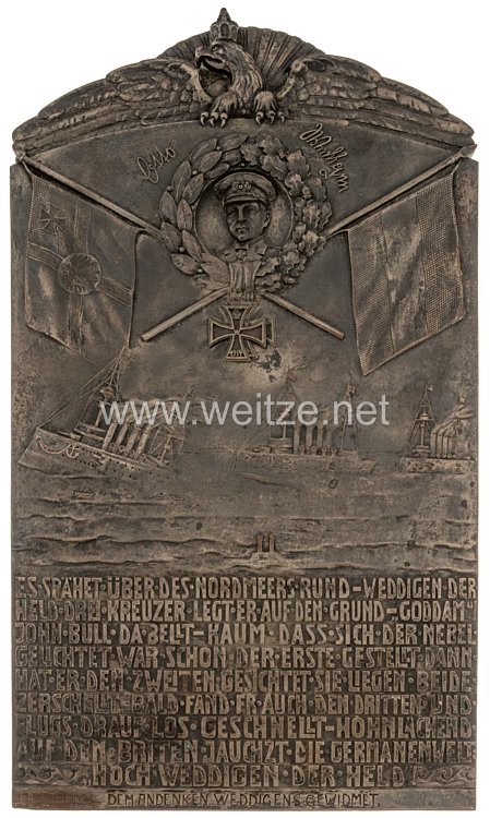 1. Weltkrieg U-Bootwaffe: große Erinnerungstafel an den U-Boots-Kommandanten Otto Weddigen zum Versenkungserfolg vom 20. September 1914
