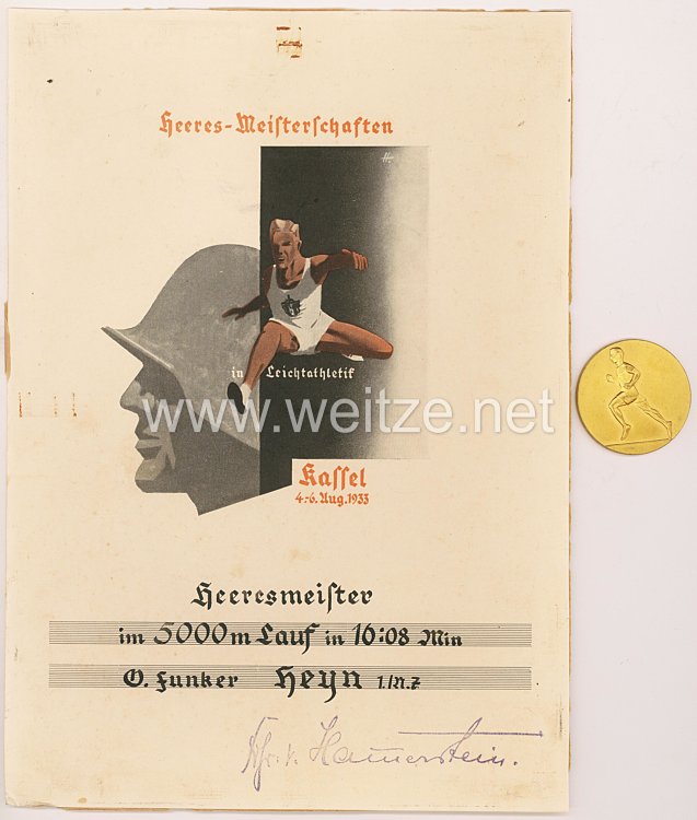 Heeres-Meisterschaften in Leichtathletik in Kassel vom 4.-6.8.1933 - nichttragbare Siegermedaille mit Urkunde