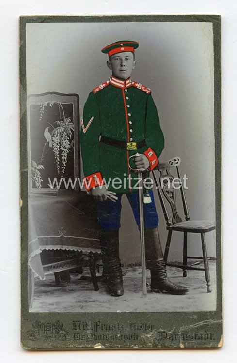 Hessen kleines Kabinettfoto eines Soldaten im Garde-Dragoner-Regiment (1. Großherzoglich Hessisches) Nr. 23