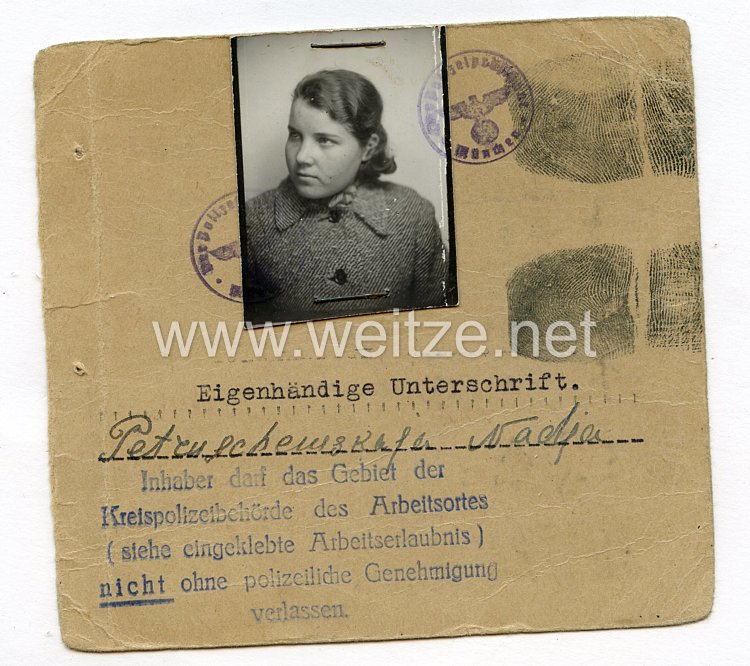 III. Reich - Ausweis für eine Ostarbeiterin in München 