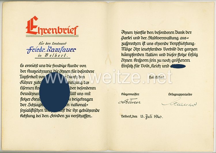 Heer - Ehrenbrief der Stadt Velbert als Anerkennung zur Verleihung des Eisernen Kreuzes an einen Leutnant Bild 2