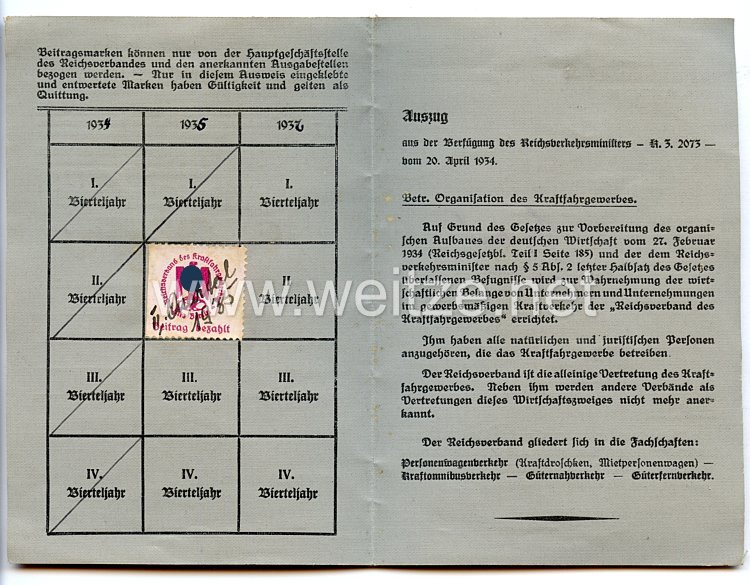 III. Reich - Reichsverband des Kraftfahrgewerbes - Mitgliedsausweis Bild 2