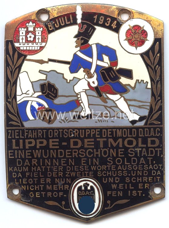 III. Reich - Der Deutsche Automobil Club ( D.D.A.C. ) - nichttragbare Teilnehmerplakette - " Zielfahrt Ortsgruppe Detmold DDAC 8. Juli 1934 "