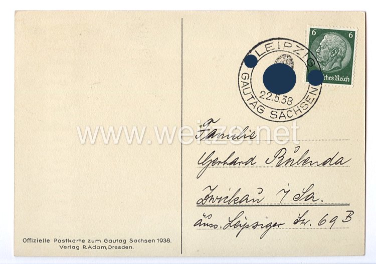 III. Reich - farbige Propaganda-Postkarte - " Gautag Leipzig NSDAP Sachsen 21.-22. Mai 1938 " Bild 2