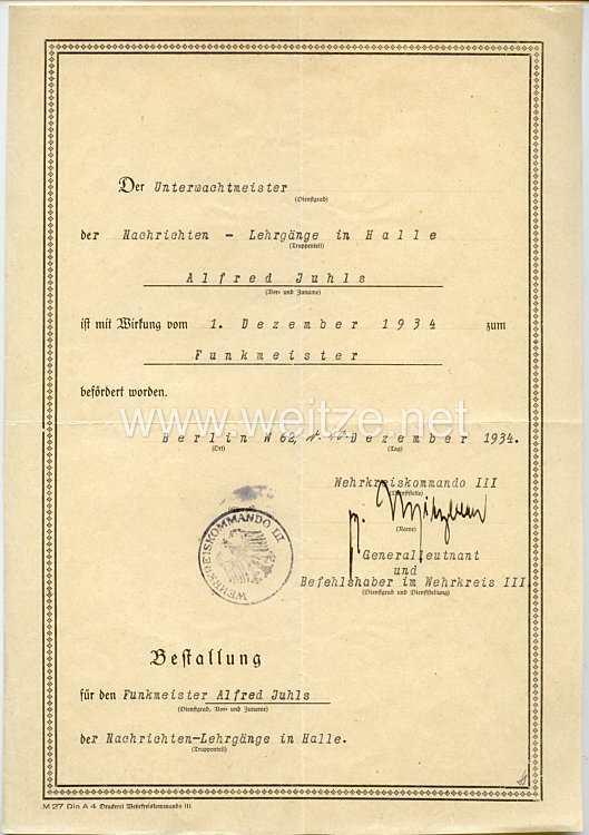 Attentat vom 20. Juli 1944 - Originalunterschrift des späteren Ritterkreuzträgers Generalleutnant Erwin v. Witzleben
