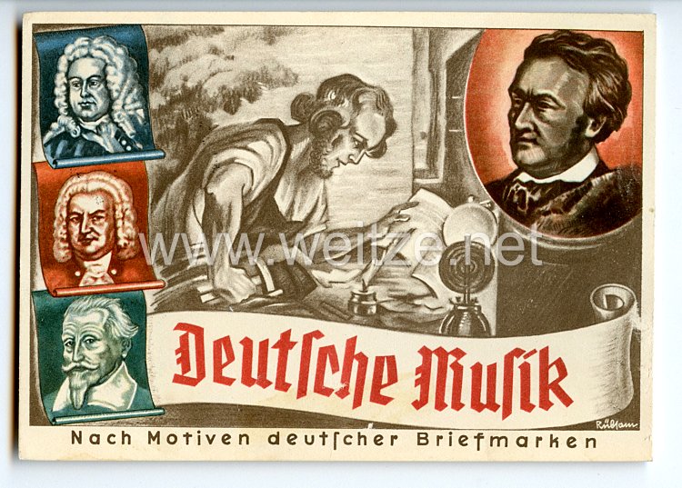III. Reich - farbige Propaganda-Postkarte - " Olympia-Postwertzeichen- Ausstellung Dresden 1.-16. August 1936 - Deutsche Musik "