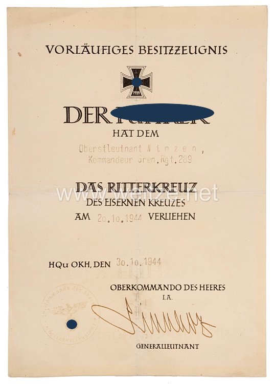 Wehrmacht - Vorläufiges Besitzzeugnis für das Ritterkreuz des Eisernen Kreuzes für Oberstleutnant Karl Winzen, Kommandeur Grenadier-Regiment 289