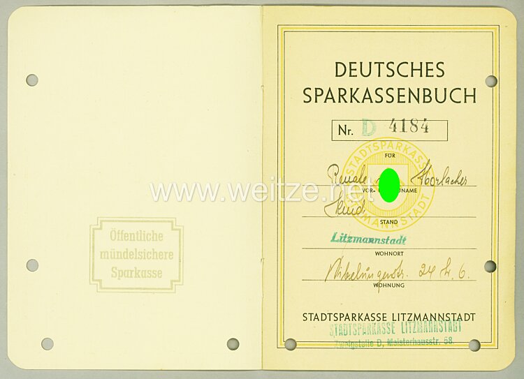 III. Reich - Stadtsparkasse Litzmannstadt - Deutsches Sparkassenbuch Bild 2