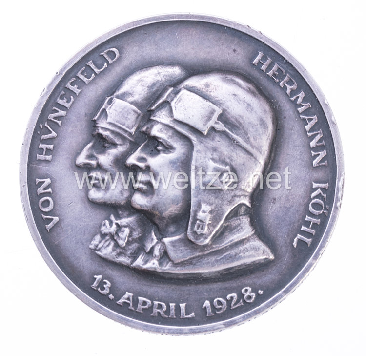 Silberne Erinnerungsmedaille an den Transatlantikflug der Bremen 13. April 1928 - von Hünefeld - Hermann Köhl - Allen Gewalten zum Trotz sich erhalten 