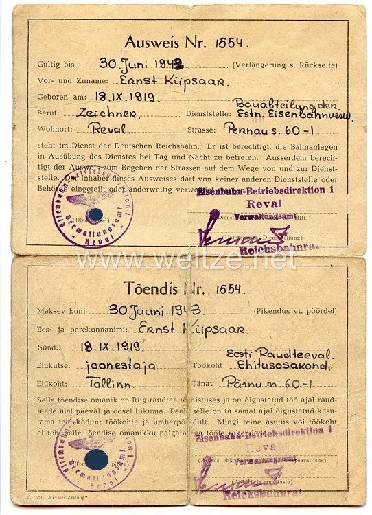 III. Reich / Estland - Eisenbahn-Betriebsdirektion Reval - Ausweis für einen Mann des Jahrgangs 1919 in der Deutschen Reichsbahn