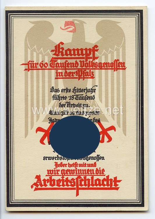 III. Reich - farbige Propaganda-Postkarte - " Kampf für 60 Tausend Volksgenossen in der Pfalz "