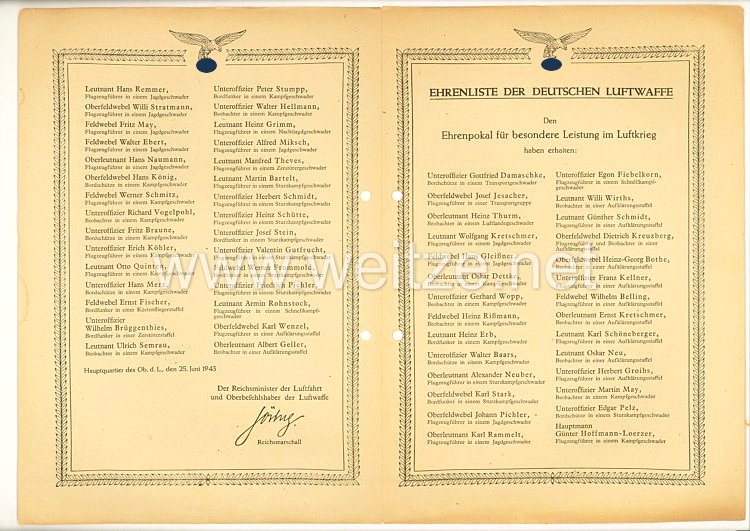 Ehrenliste der Deutschen Luftwaffe - Ausgabe vom 25. Juni 1943