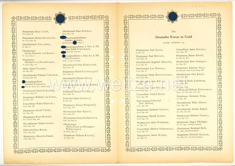 Verleihungsliste für das Deutsche Kreuz in Gold - Juni 1944