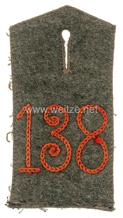 Preußen 1. Weltkrieg Einzel Schulterklappen feldgrau für die Bluse für Mannschaften im  3. Unter-Elsässischen Infanterie-Regiment Nr. 138