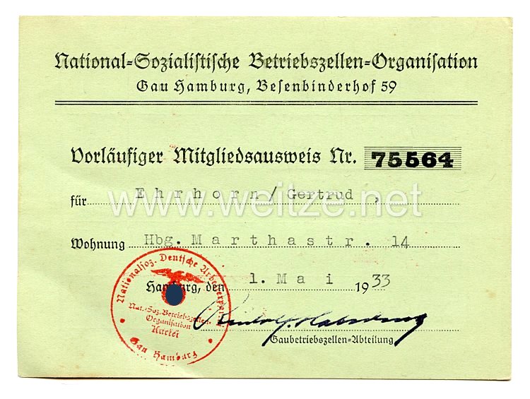 Nationalsozialistische Betriebszellen-Organisation ( NSBO ) - Gau Hamburg Besenbinderhof - Vorläufiger Mitgliedsausweis