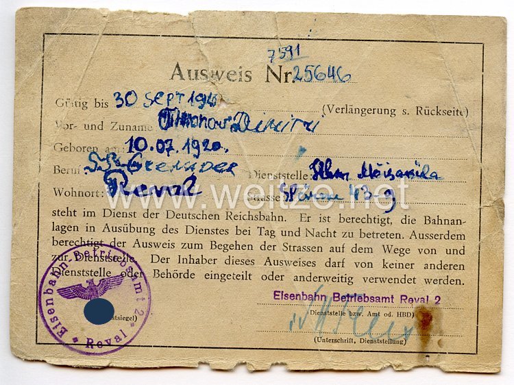 III. Reich / Estland - Eisenbahn-Betriebsdirektion Reval - Ausweis für einen Mann des Jahrgangs 1920 in der Deutschen Reichsbahn