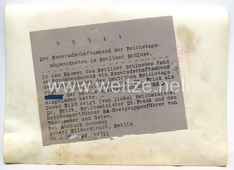 3. Reich Pressefoto: Der Kameradschaftsabende der Reichstagsabgeordneten im Berliner Schloss Bild 2
