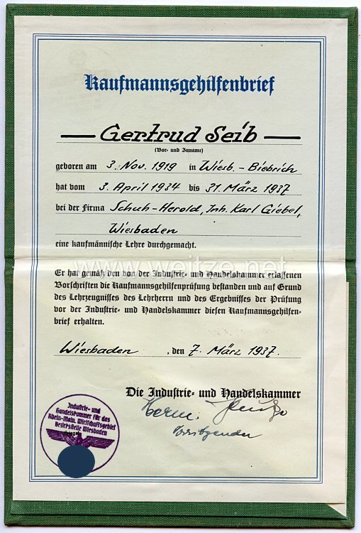 III. Reich - Industrie- und Handelskammer Wiesbaden - Kaufmannsgehilfenbrief Bild 2