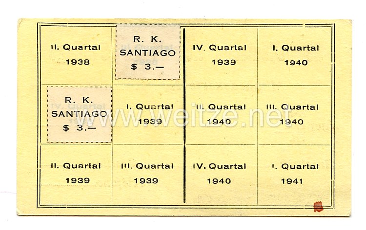 III. Reich - Mitgliedskarte Reichsdeutsche Kolonie zu Santiago  Bild 2