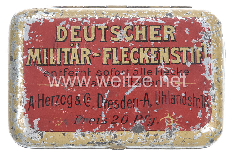 Deutsches Reich 1871-1918 kleine Blechbüchse «Deutscher Militär-Fleckenstift ... A. Herzog & Co, Dresden ...»