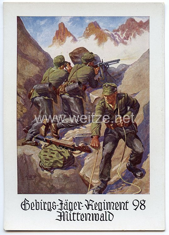 Wehrmacht - farbige Propaganda-Postkarte - " Gebirgs-Jäger-Regiment 98 Mittenwald "