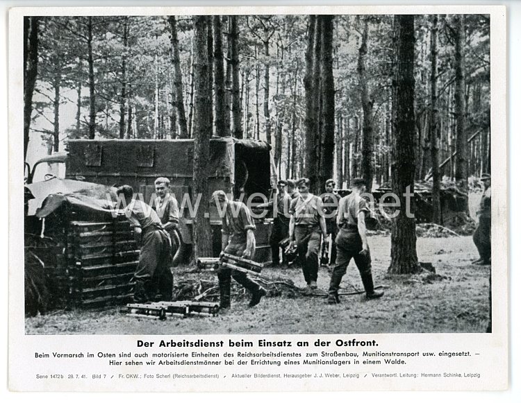 III. Reich - gedrucktes Pressefoto " Die Arbeitsdienst beim Einsatz an der Ostfront " 28.7.1941