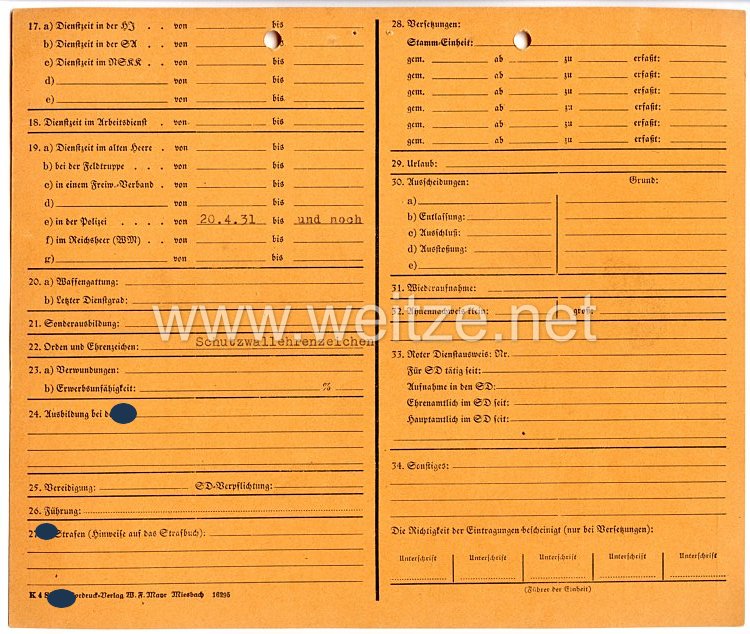 Sicherheitsdienst des Reichsführers SS ( SD ) - SS-Stammkarte für einen Kriminalbeamten der SD-Dienststelle Kriminalpolizeistelle Koblenz Bild 2