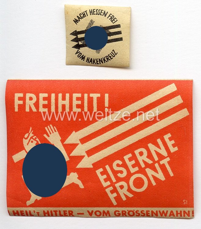 III. Reich - 2 Vignetten der Eisernen Front " Freiheit ! Heil't Hitler - vom Grössenwahn " und " Macht Hessen frei vom Hakenkreuz "