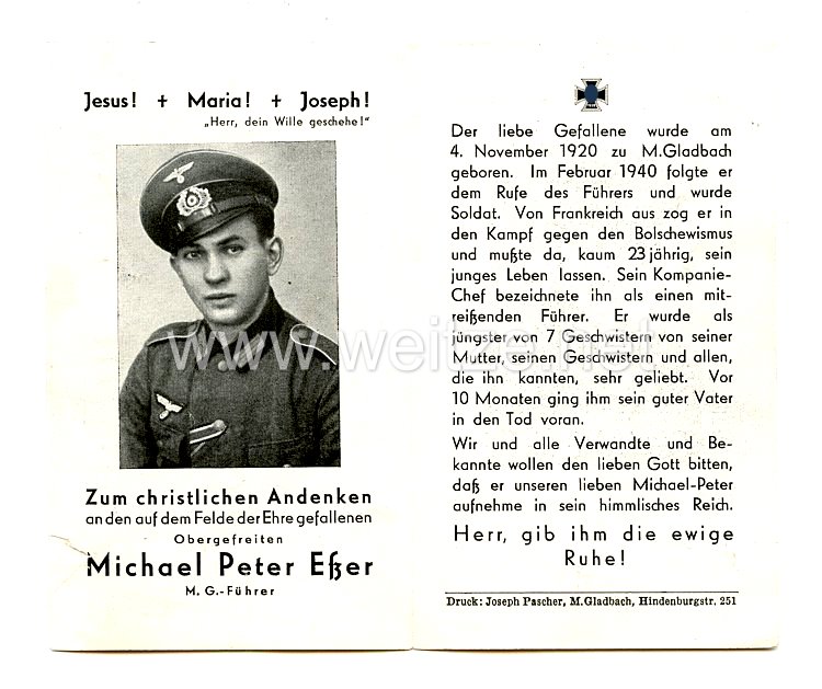Wehrmacht Heer Trauerkarte eines Obergefreiten und M.G. Führer