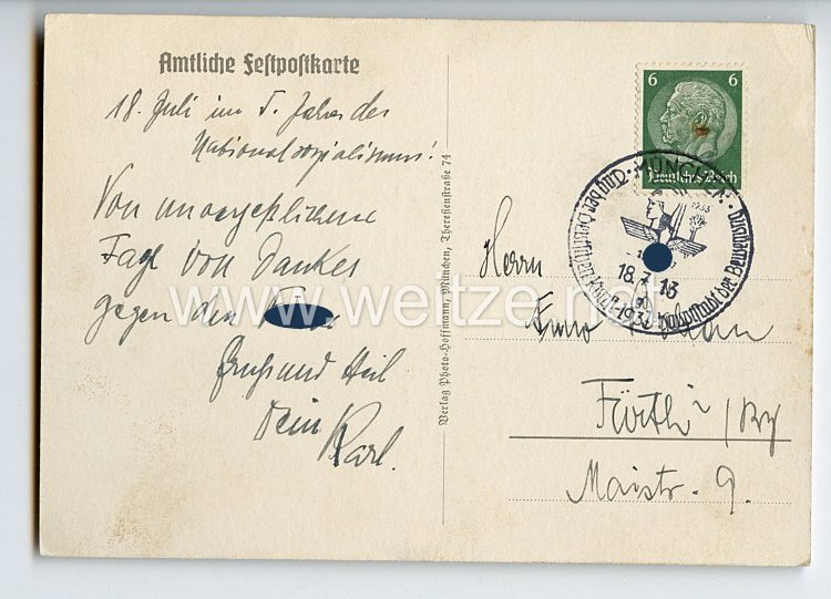 III. Reich - farbige Propaganda-Postkarte - " Tag der Deutschen Kunst 16.-18. Juli 1937 München " Bild 2