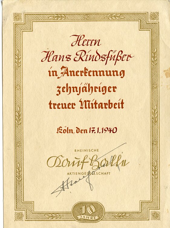 III. Reich - Rheinische Kaufhalle A.G. - Anerkennungsurkunde für 10 jährige treue Mitarbeit eines Mannes