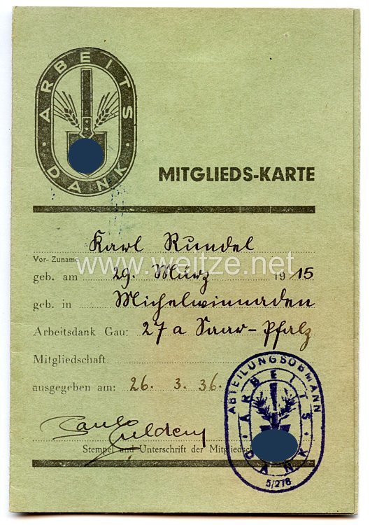 Arbeitsdank Gau 27a ( Saar-Pfalz ) - Mitgliedskarte