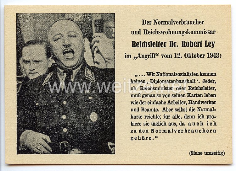 III. Reich - Anti-Hitler Propaganda-Postkarte - " Der Normalverbraucher und Reichswohnungskommissar Reichsleiter Dr. Robert Ley …"