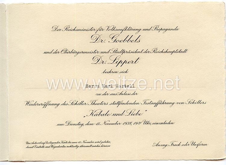 III. Reich - Reichsminister Dr.Goebbels und Oberbürgermeister und Stadtpräsident der Reichshauptstadt Dr.Lippert - Einladungskarte für den Schauspieler Karl Martell Bild 2