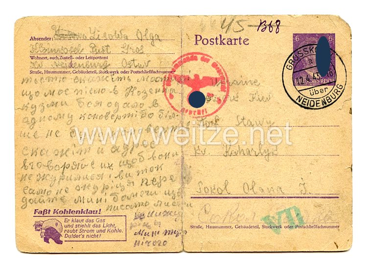 III. Reich - Postkarte einer Ukrainischen Ostarbeiterin