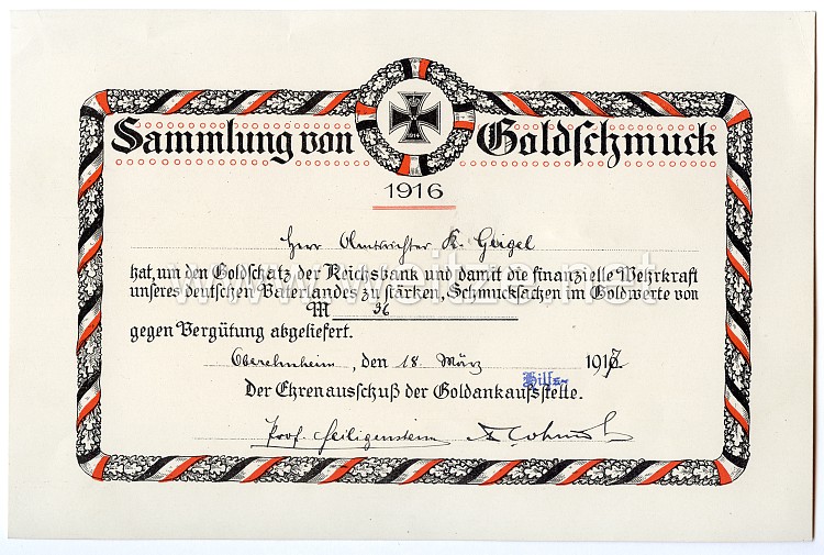1. Weltkrieg - Spendenurkunde zur Sammlung von Goldschmuck 1916