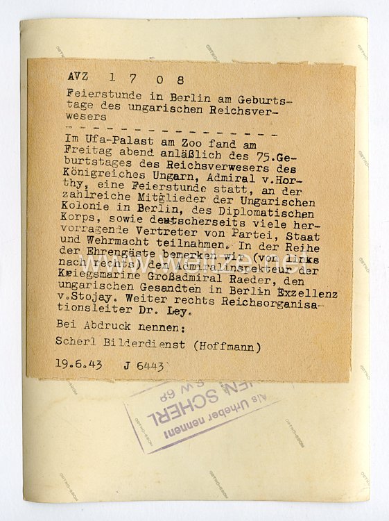 III. Reich Pressefoto. Feierstunde in Berlin am Geburtstag des ungarischen Reichsverwesers. 19.06.1943. Bild 2