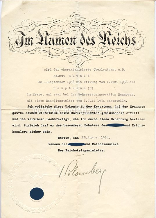 III. Reich - Originalunterschrift von Reichskriegsminister Werner von Blomberg auf einer Ernennungsurkunde 