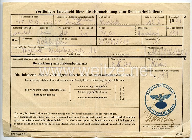 Reichsarbeitsdienst ( RAD ) - Vorläufiger Entscheid über die Heranziehung zum Reichsarbeitsdienst Bild 2