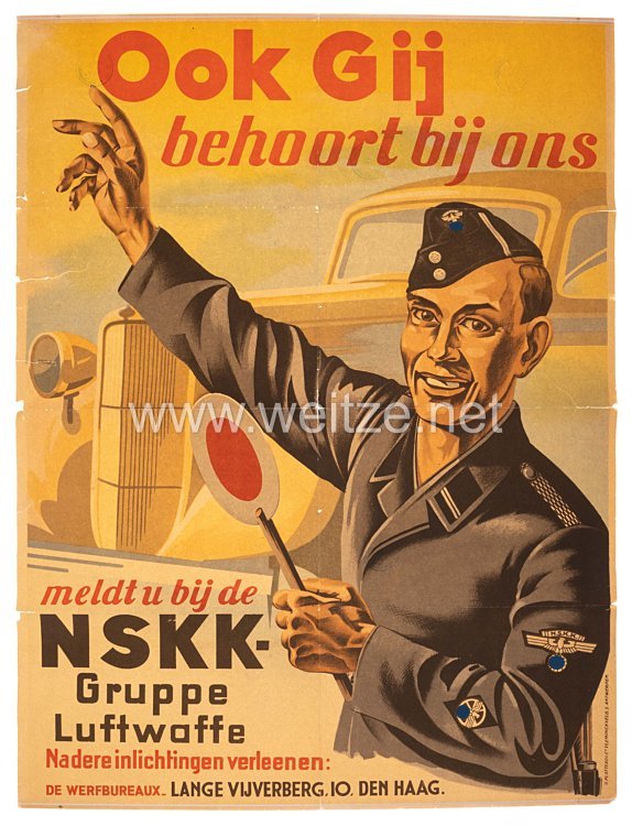 2. Weltkrieg NSKK Werbeplakat für Niederländische Freiwillige "Auch du gehörst zu uns, melde Dich bei der NSKK-Gruppe Luftwaffe"