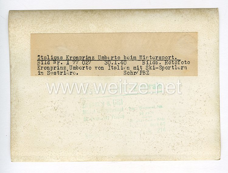 III. Reich Pressefoto. Italiens Kronprinz Umberto beim Wintersport. 30.1.1940. Bild 2